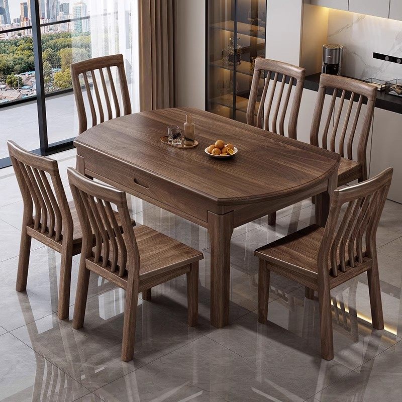 北美黑胡桃实木餐桌和椅子组合伸缩折叠圆桌小公寓家庭餐桌可变圆