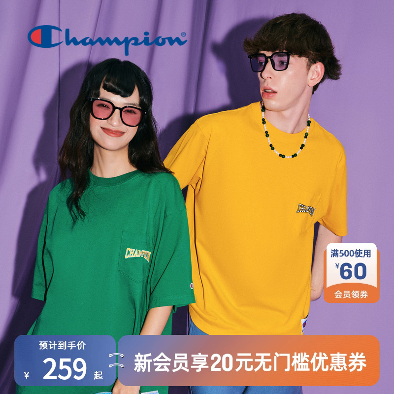 Champion冠军短袖T恤2025夏季新款口袋刺绣变形印花情侣纯棉上衣
