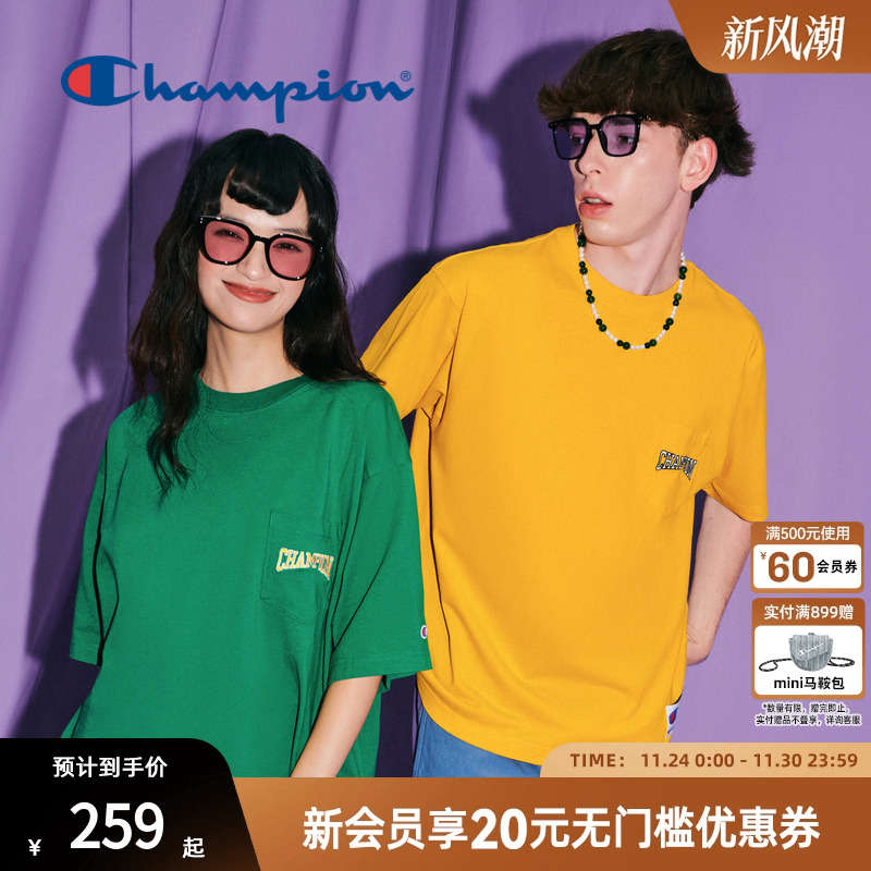 Champion冠军短袖T恤口袋刺绣变形印花情侣棉质上衣舒适日常潮流
