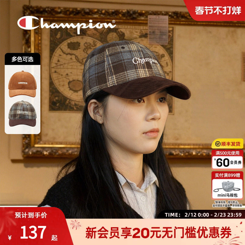 champion冠军25秋季新款复古校园格纹灯芯绒棒球帽男女情侣