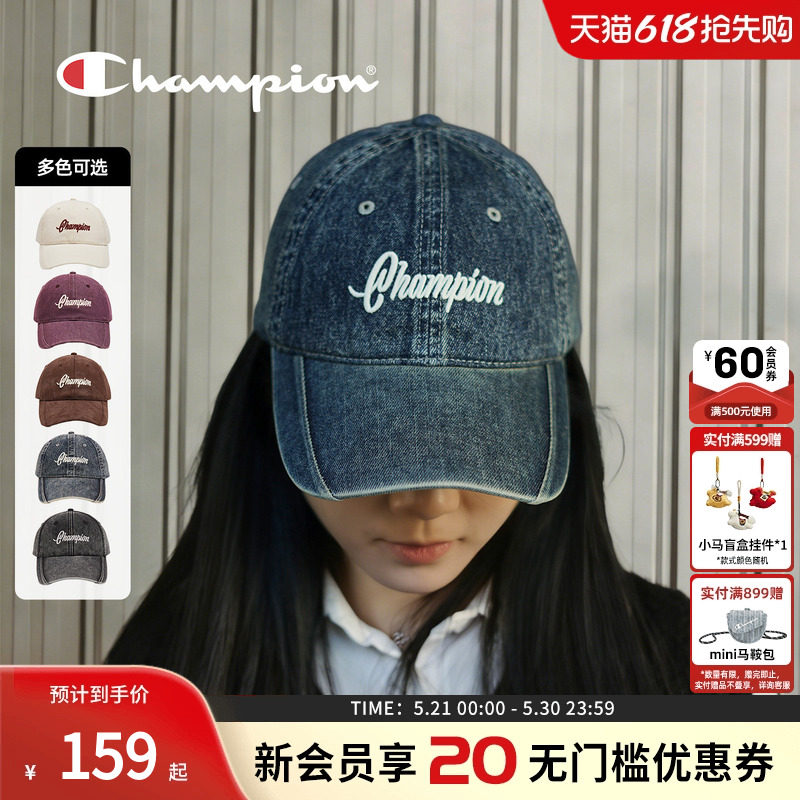 champion冠军新款棒球帽女士水洗牛仔帽子复古百搭鸭舌帽男春