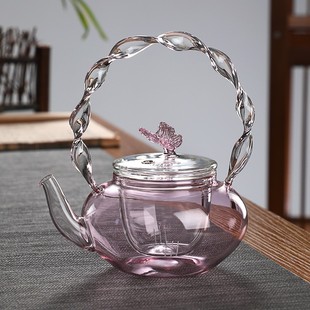透明粉色蝴蝶花茶壶耐热玻璃煮茶壶家用茶具电陶炉煮茶提梁壶单壶