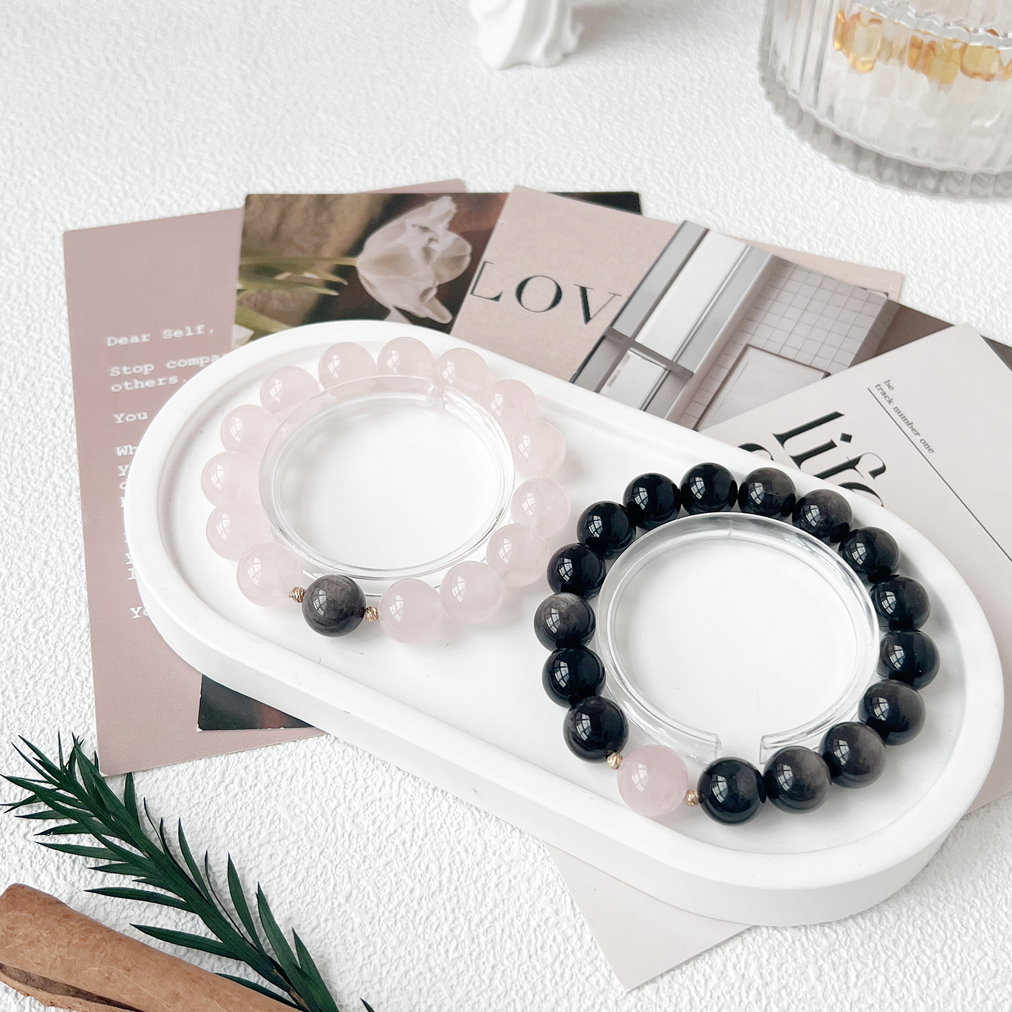 情侣款水晶手串粉晶银曜石