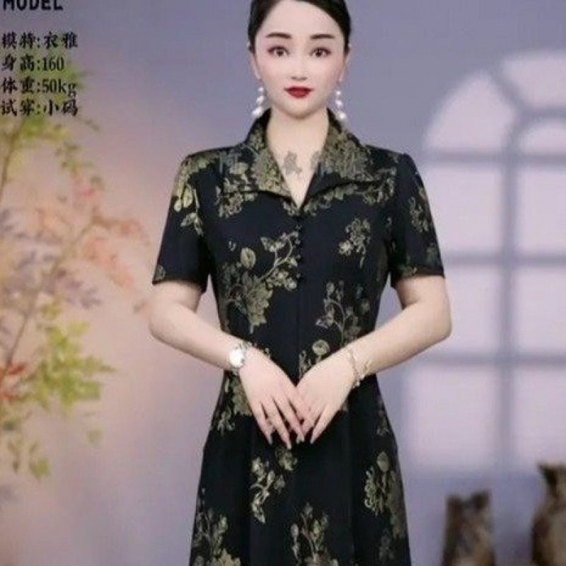 2026新款复古妈妈花纹中老年大码连衣裙显瘦百搭夏季长裙女式裙子