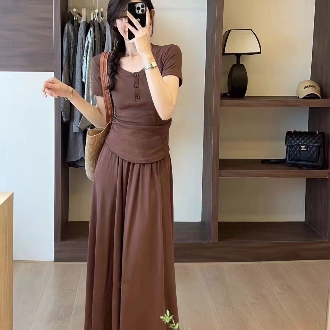 韩版新款设计感小众短袖T恤女装夏季修身上衣半身裙时尚两件套潮