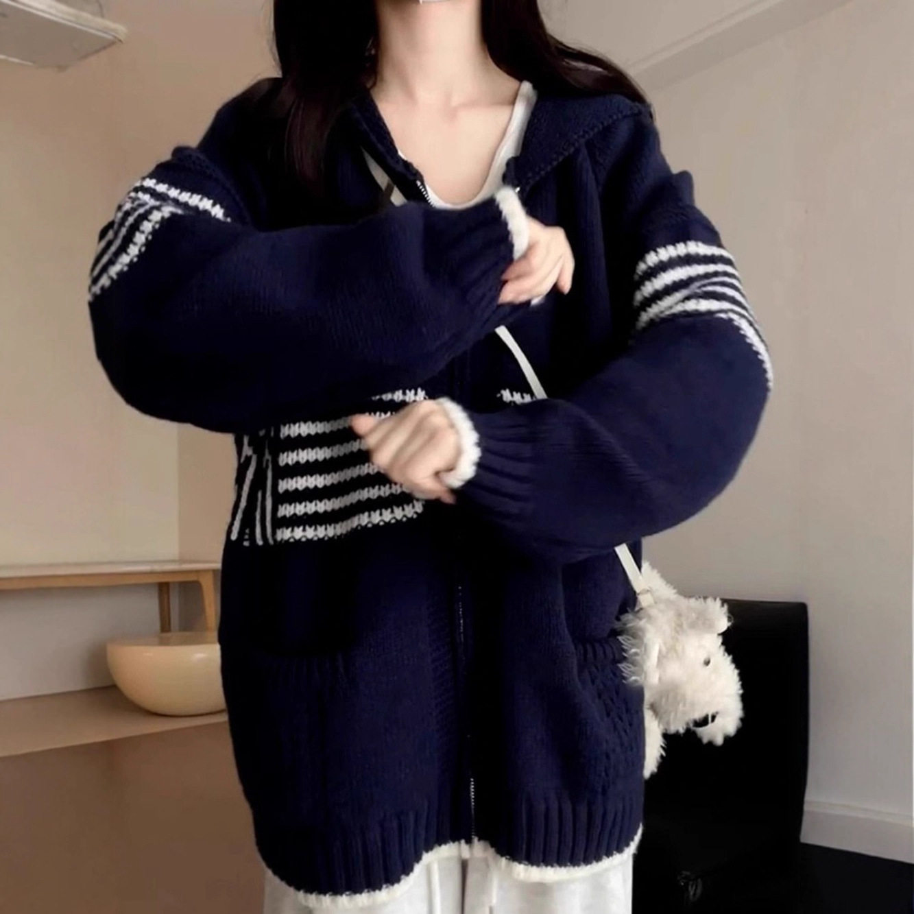 港风条纹连帽毛衣外套女秋冬宽松软糯学院慵懒风拉链针织开衫上衣