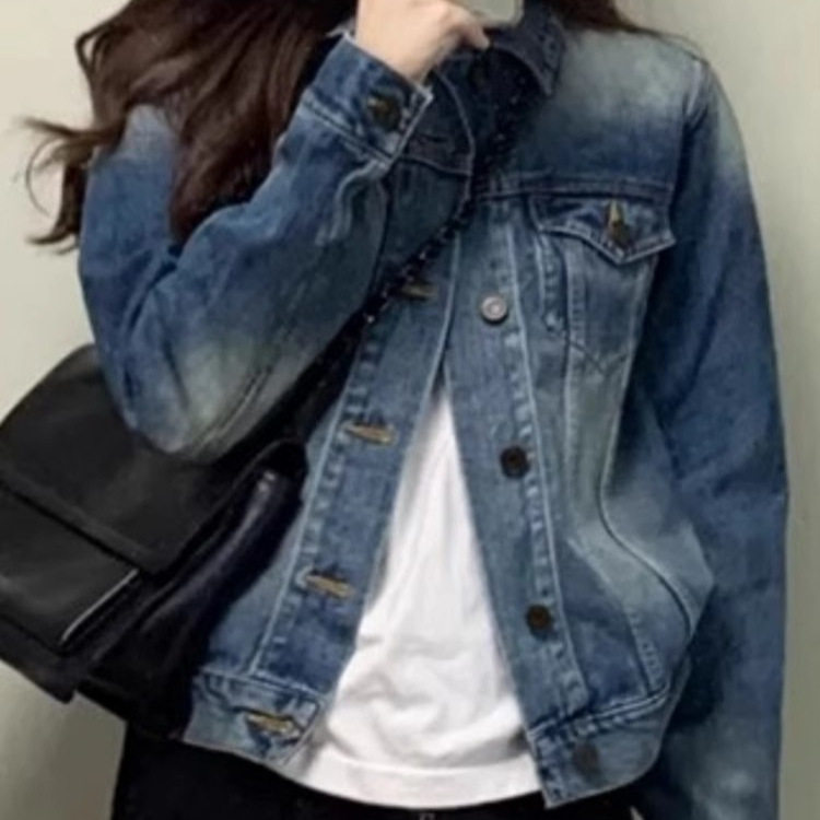 美式复古做旧牛仔外套女春秋宽松慵懒chic小个子短款夹克上衣时尚