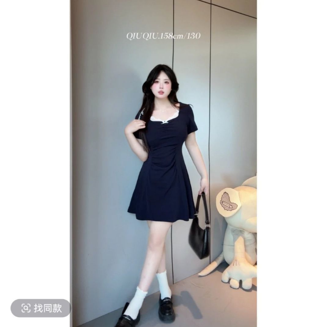 大码收腰显瘦甜美型蕾丝领口连衣裙女胖mm夏季复古优雅褶皱A字裙