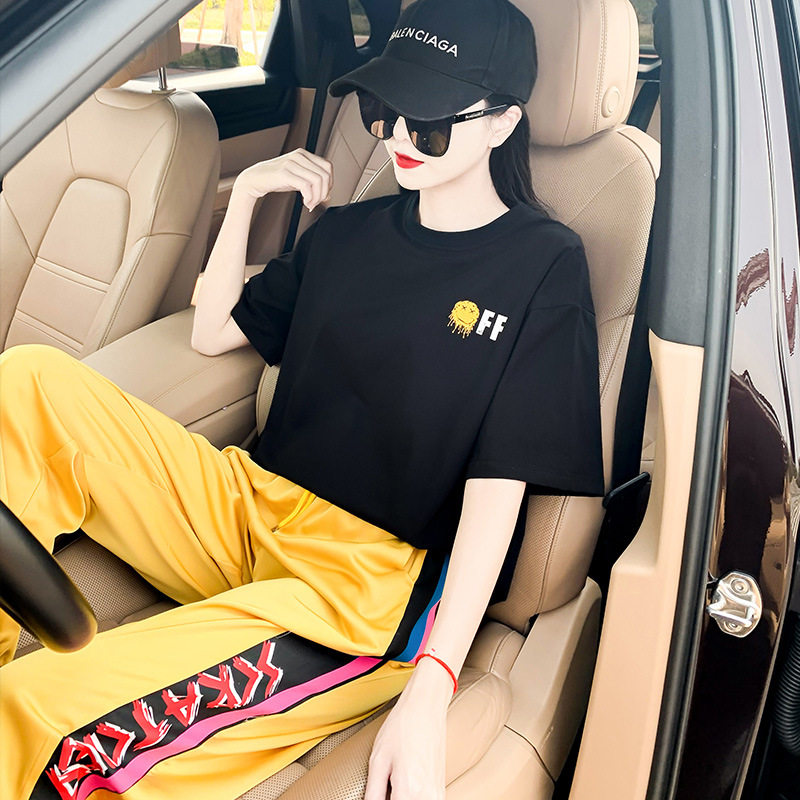 女士跑步运动休闲套装女夏季2022新款时尚洋气短袖宽松上衣两件套