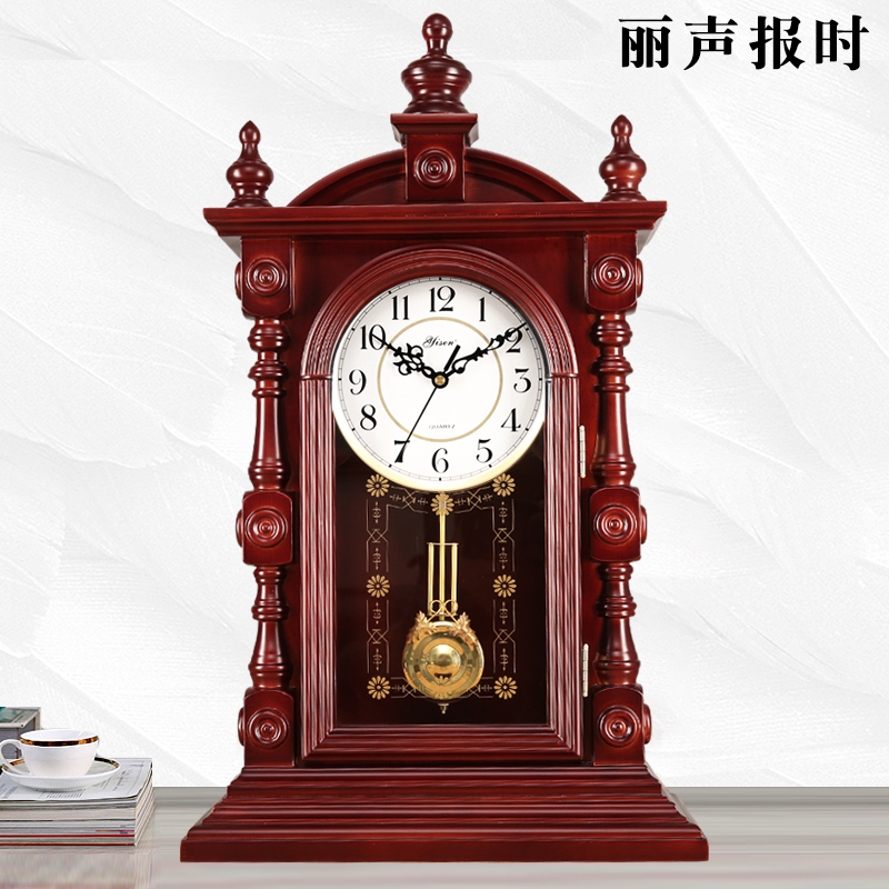 欧式复古大号实木座钟客厅摆件中式台式静音时钟老式家.用报时台