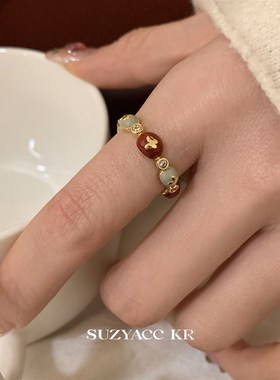 suzyacc kr红色滴釉蝴蝶结戒指轻奢高级食指戒可调节复古温柔指环
