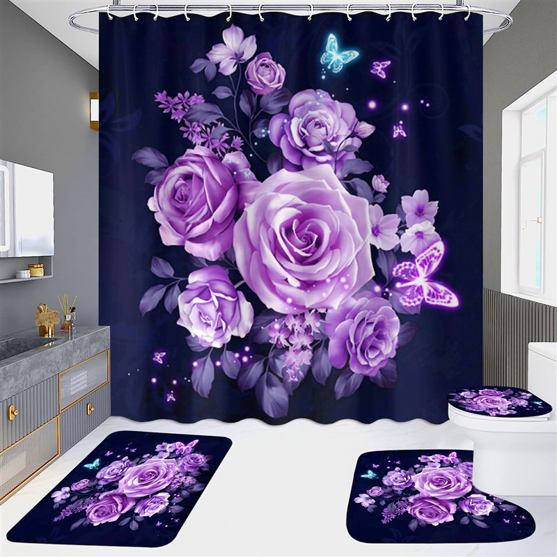 源头工厂高清浴帘四件套免打孔浴室酒店卫生间隔断帘百花齐放