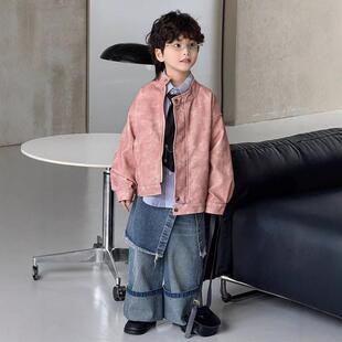 男童皮衣套装2026秋春新款儿童粉色皮衣时尚加绒皮夹克一件外套潮