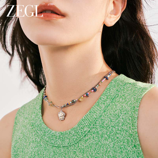 ZEGL彩色笑脸串珠项链女轻奢小众2023新款爆款甜酷夏季双层锁骨链