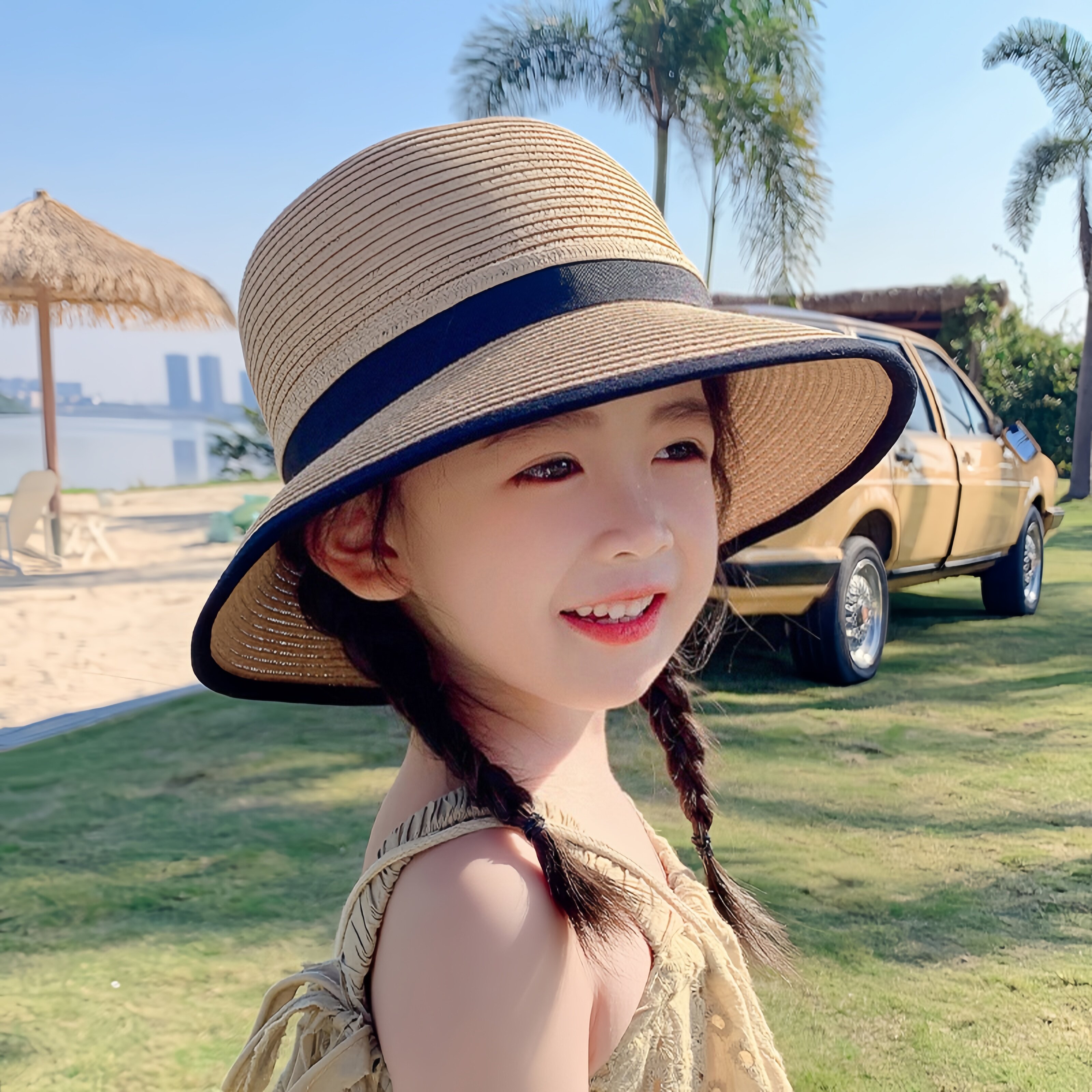 春季旅游儿童防晒帽子女童夏天遮太阳凉帽防紫外线草帽宝宝渔夫帽
