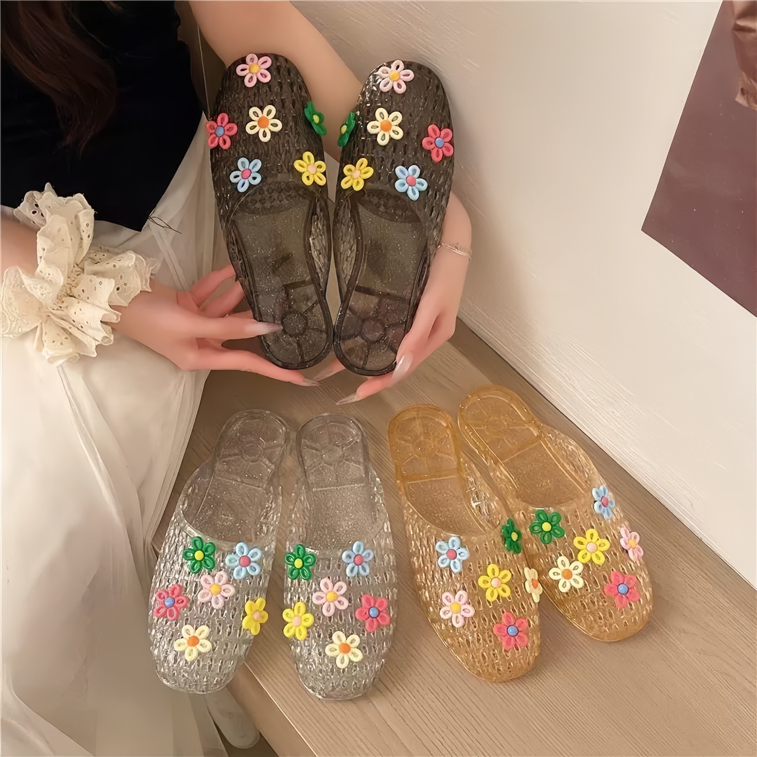 水晶鞋凉鞋女平底透明半拖外穿鞋花果冻鞋软底凉拖鞋包头外穿女鞋