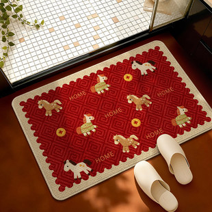 马年红色喜庆仿亚麻浴室地垫家用吸水速干防滑脚垫卫生间防滑地毯