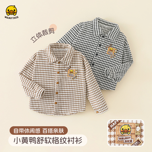小黄鸭童装儿童衬衫秋季新款男童女童法式格子长袖衬衣宝宝衣服
