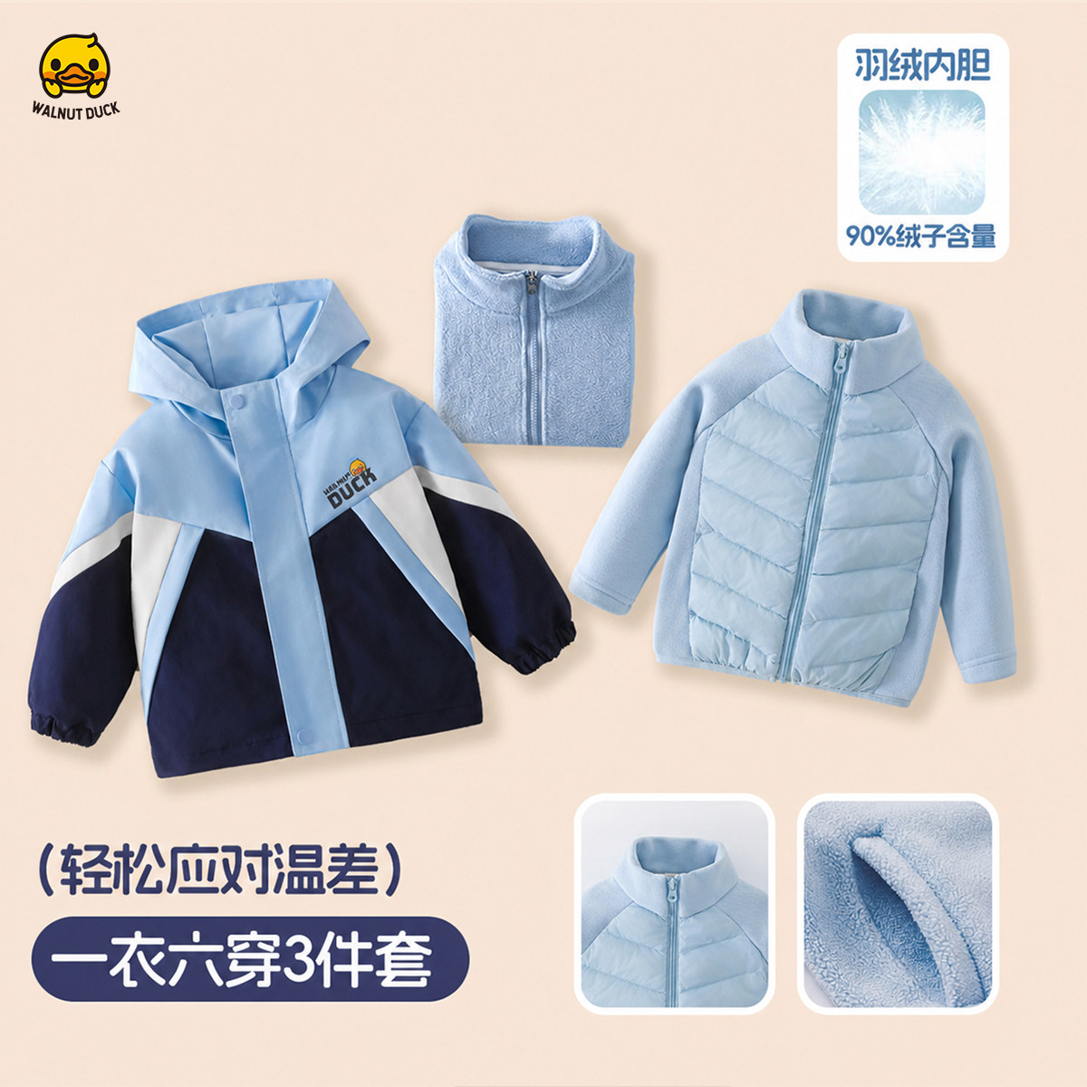 核桃小黄鸭棉服男童女童三合一冲锋衣外套90羽绒内搭棉衣校服神器图片