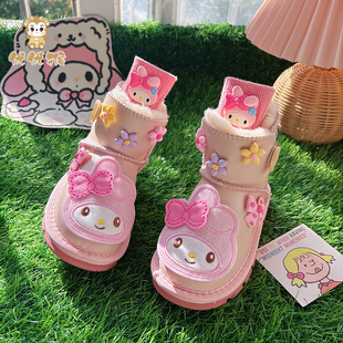 女童巨好看粉色雪地靴2025新款冬季加绒加厚防水防寒洋气宝宝棉鞋