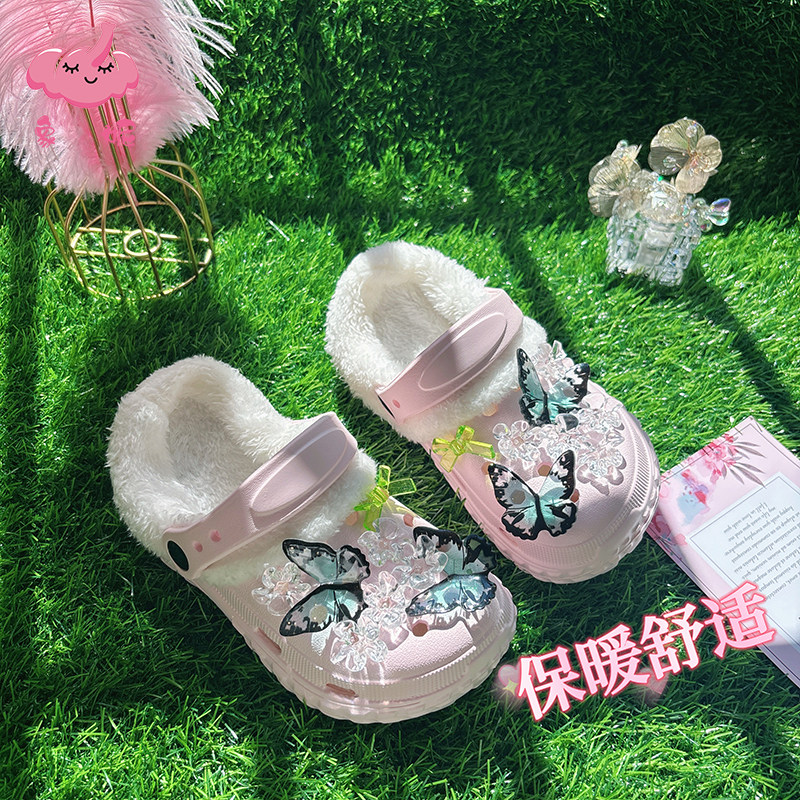 外穿加绒秋冬儿童暖棉拖鞋洞洞鞋