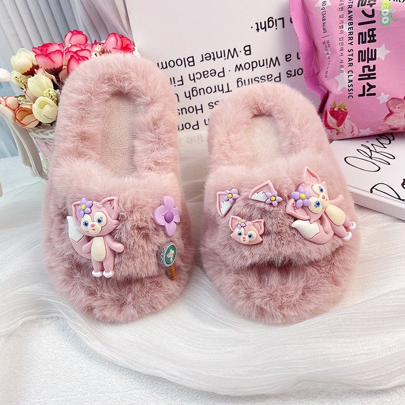 粉色中大童棉拖鞋女童防滑冬季新款卡通可爱加绒软底地板棉拖亲子