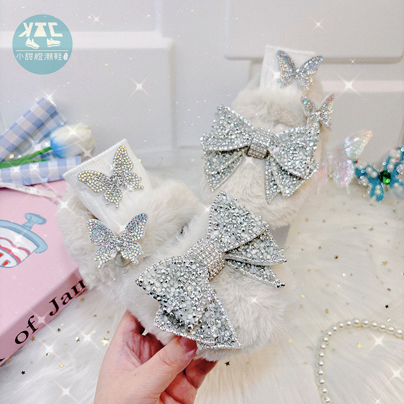 女童水钻棉鞋2025秋冬季新款公主风儿童加绒毛毛鞋小女孩保暖拖鞋