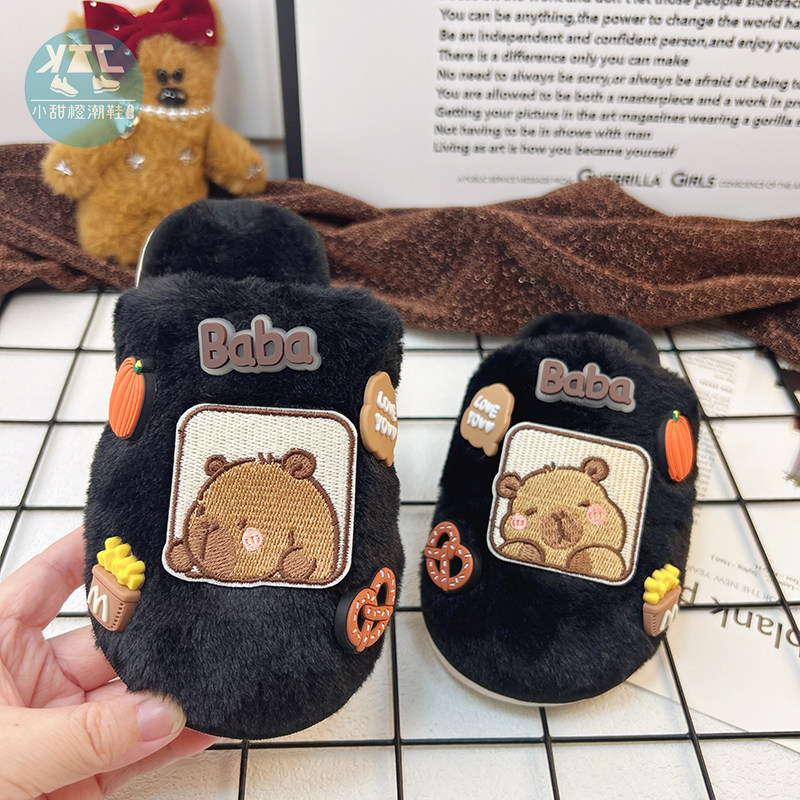 2026秋冬季新款儿童黑色棉拖鞋加绒女童宝宝室内家居拖鞋女孩冬天