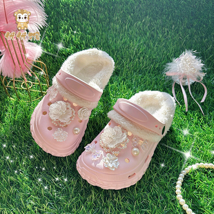 女童高颜值洞洞鞋内胆加绒冬款可拆卸女孩冬天室内保暖棉拖鞋外穿