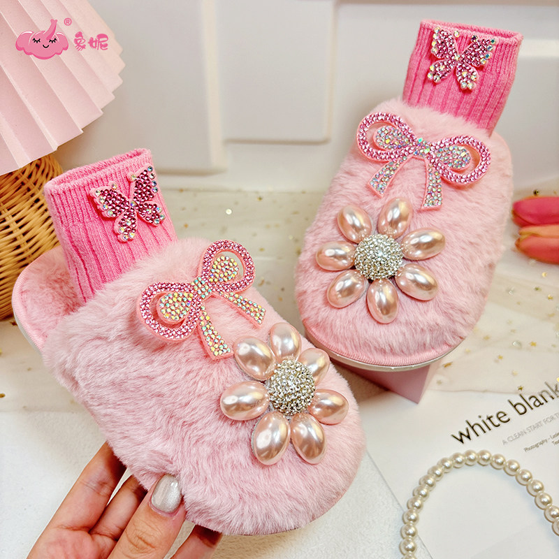 可爱风女童粉色包头棉拖鞋儿童可外穿2025年冬季新款拖鞋加绒加厚