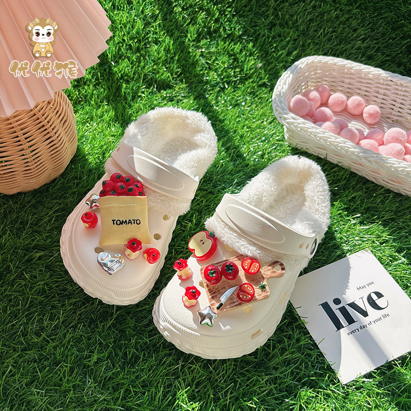 女童圣诞保暖洞洞鞋女款幼儿童棉拖鞋冬季外穿新款加绒内胆可拆卸