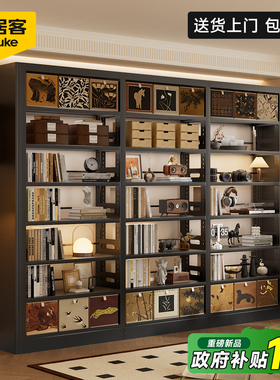 安居客中古风书架图书馆黑色家用钢制落地置物架一体靠墙书柜子
