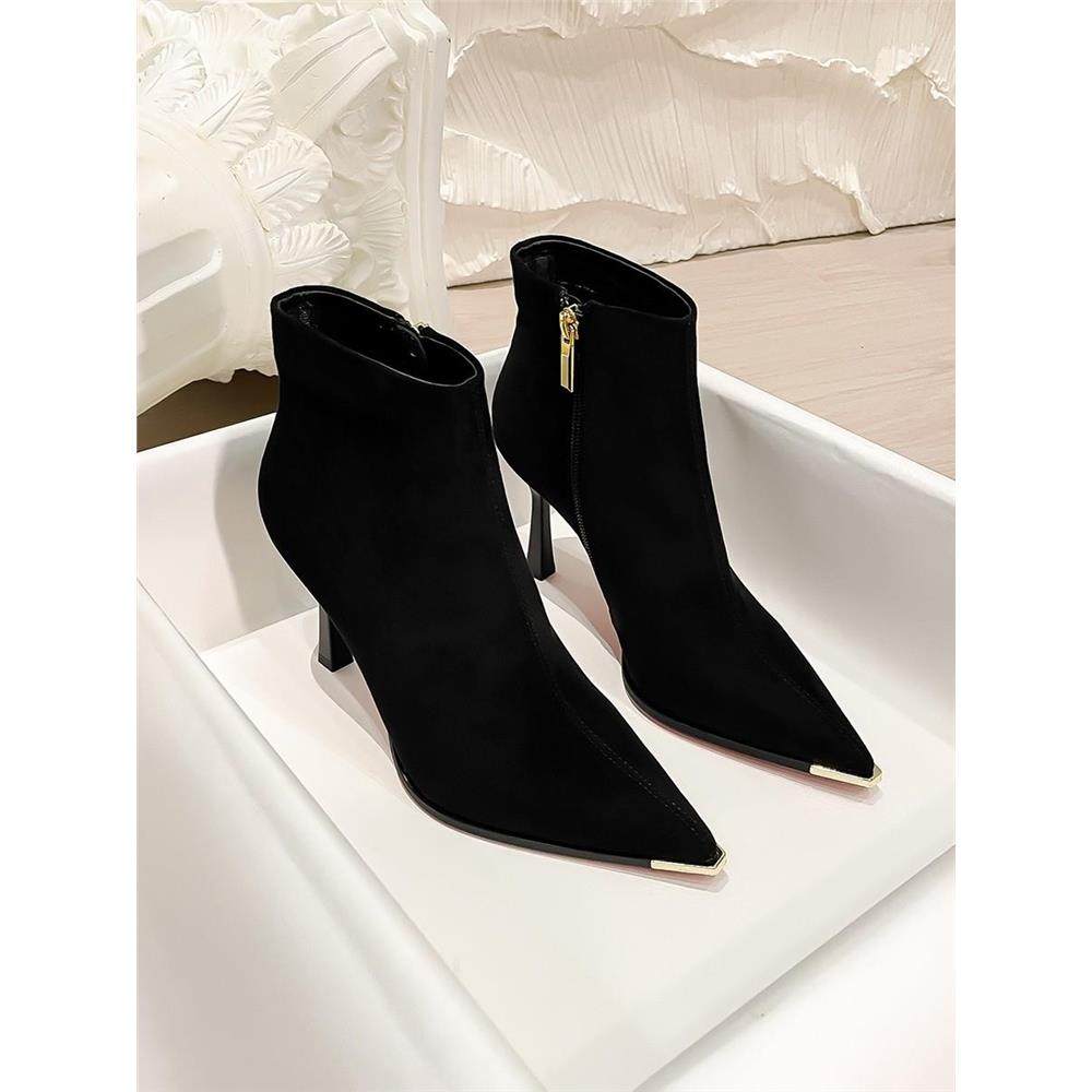 时尚靴子的妇女黑色麂皮莱茵石尖头反踢高跟鞋细高跟弹性短靴优雅,女鞋,时装靴,淘宝优惠券,粉丝福利购,淘宝优惠卷