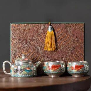 周鸿杰鎏银999鱼藻纹高级茶壶一壶二杯功夫茶具套组商务伴手礼品