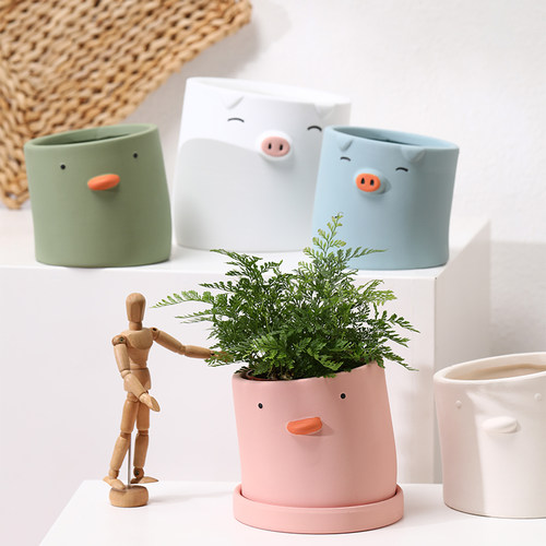 可爱创意卡通陶瓷花盆带托盘办公室客厅阳台透气装饰笔筒绿植多肉