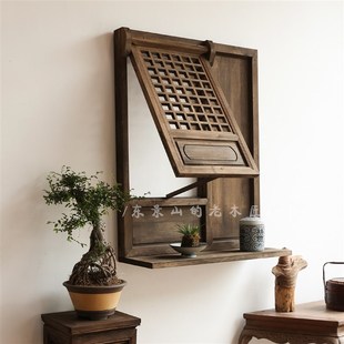 中式上翻窗仿古做旧置物板支摘窗古风复古花窗挂件装饰东阳木雕