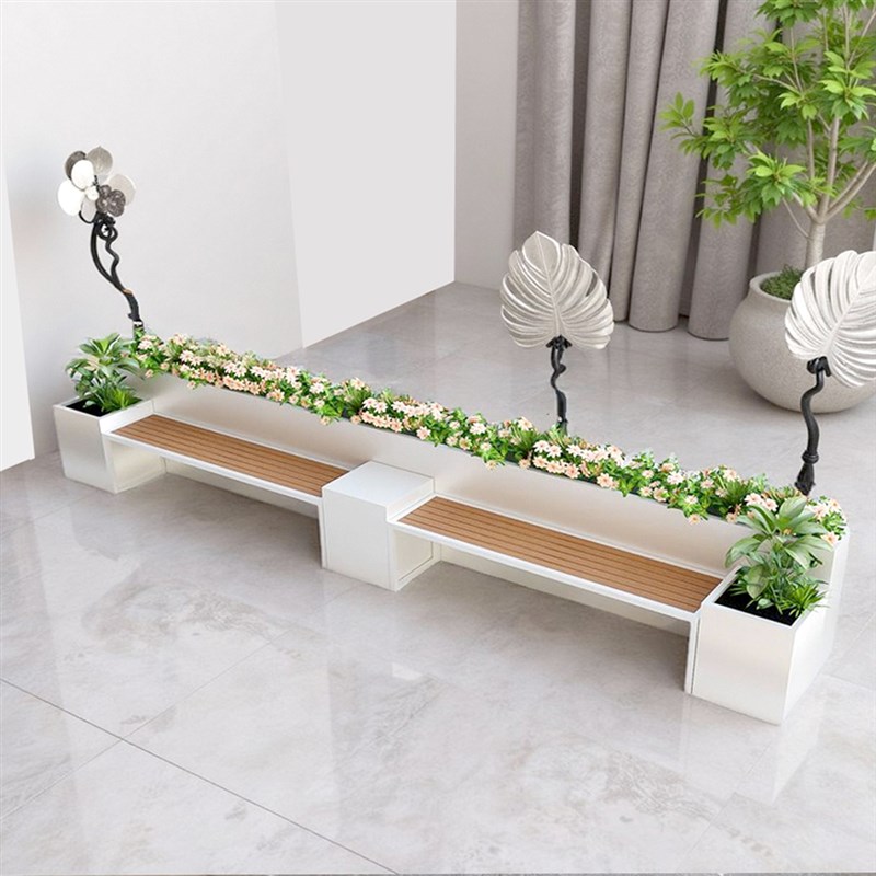 新款坐凳花箱组合铁艺塑木坐凳可定制商业休闲等候椅市政户外花槽