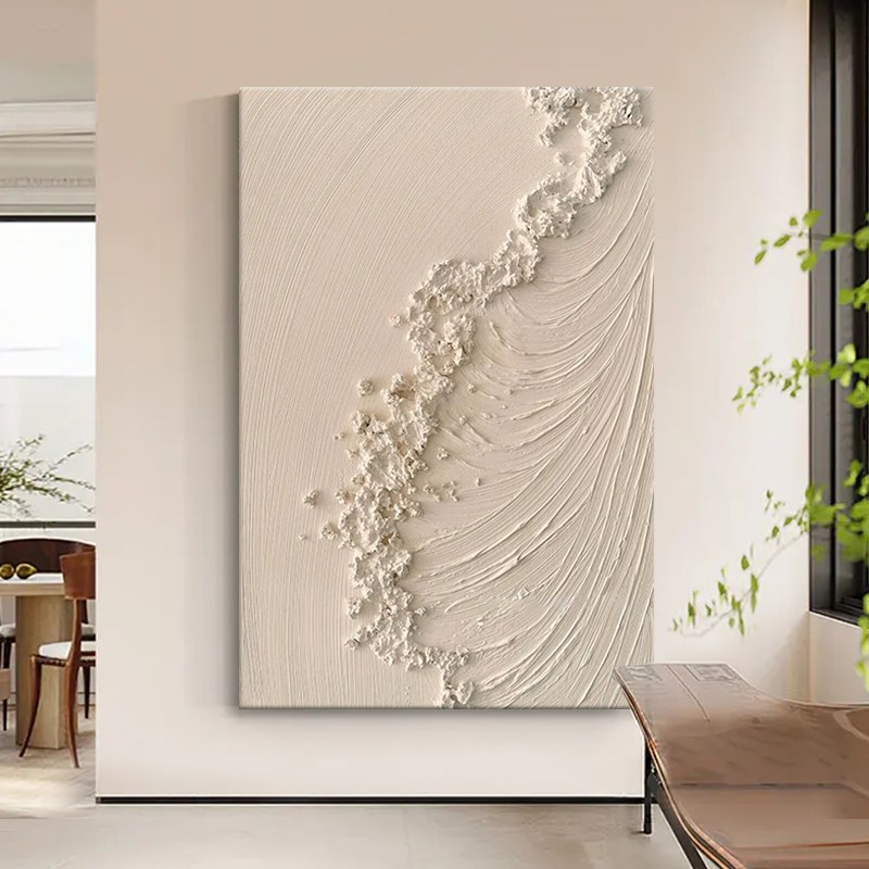 肌理手绘油画沙滩海浪玄关装饰画纯色石英砂丙烯画侘寂风客厅挂画图片