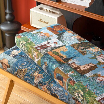 定做长条凳坐垫梵高油画风沙发垫高密度海绵定制飘窗垫乳胶椰棕垫