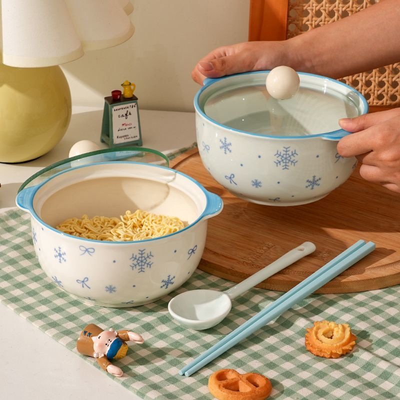 蓝雪花可爱泡面碗带盖双耳泡面碗个人专用釉下彩陶瓷泡面碗套装,餐饮具,泡面碗,淘宝优惠券,粉丝福利购,淘宝优惠卷