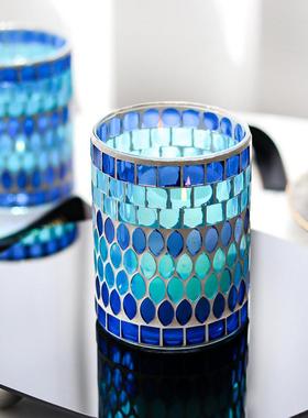 地中海蓝色海风马赛克玻璃烛台现代家居装饰化妆刷摆件可养多肉