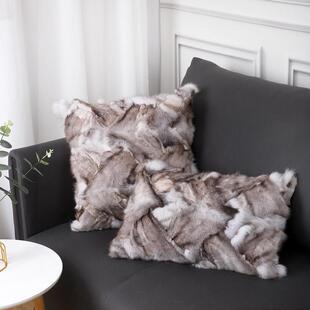 简约现代高级纯正狐狸毛抱枕沙发靠垫真兔毛皮草腰枕灰色家居装饰