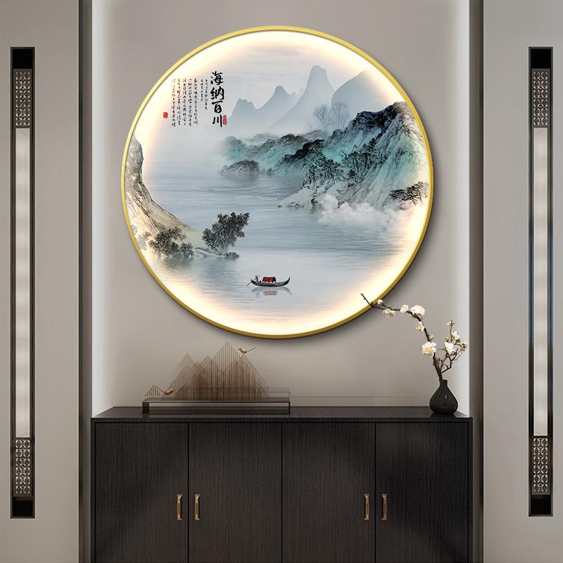 新中式入户玄关装饰画圆形带灯led发光山水字画过道禅意挂画壁灯