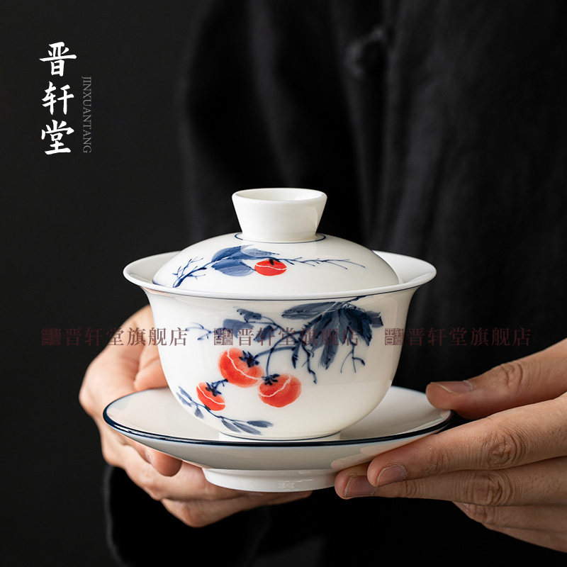 景德镇纯手绘柿柿如意三才盖碗茶杯单个高档不烫手陶瓷泡茶碗茶具