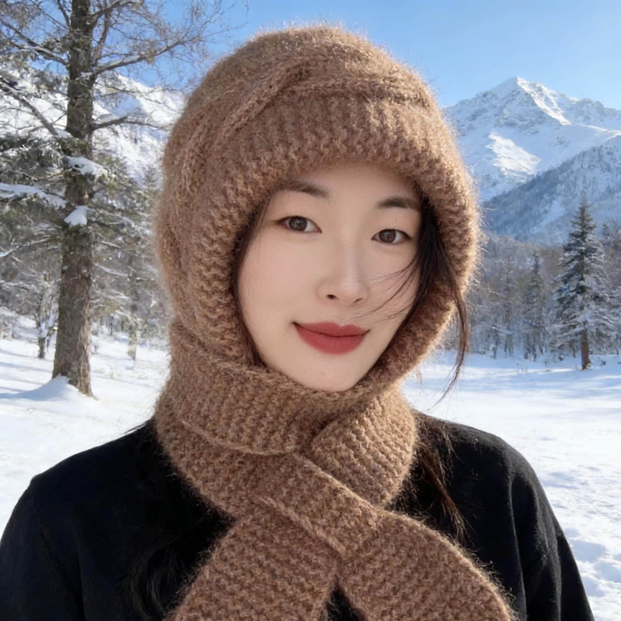 针织帽冬帽女士加厚保暖毛线帽子围巾一体秋冬季大头围户外风雪帽