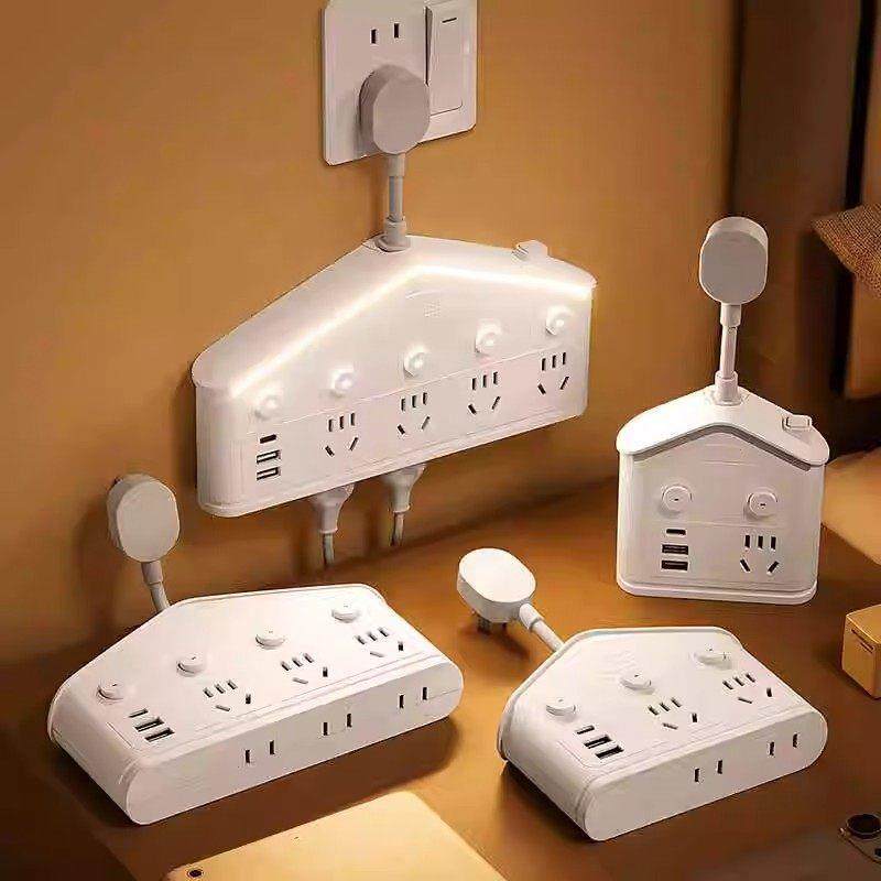 公正午纯铜插头转换器插座USB带夜灯独立开关一转多孔家用插排多