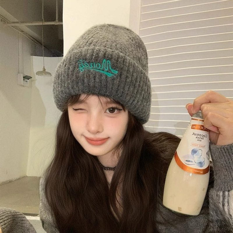 新款韩版针织帽子女秋冬季ins刺绣包头护耳显脸小冷帽毛线帽均码