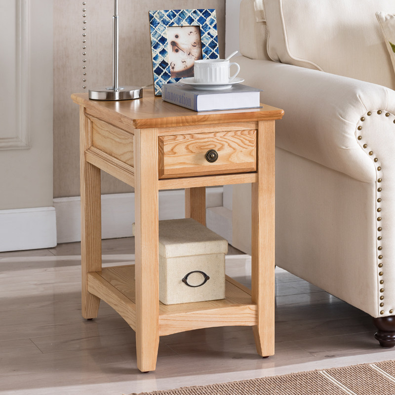 美式实木边几角几沙发缝隙边柜带抽屉窄长边柜长方形小边几小桌子