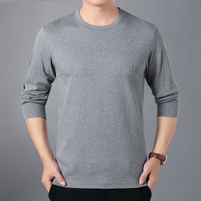 秋装男士圆领T恤中老年全棉薄款长袖体恤中年爸爸装大码父亲汗衫