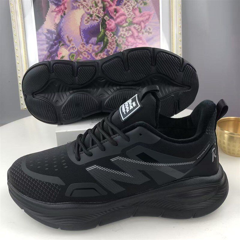 冬季棉鞋子男款加绒加厚运动休闲鞋黑色皮面保暖跑步鞋轻底爸爸鞋